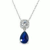 Sterling Silver Drop Dark Blue Pear + Cubic Zirconia Halo Pendant image