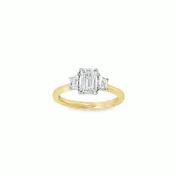 9ct 3 Stone Emerald Cut Centre Cultured Diamond Ring With Cultured Trapezium Shoulders 1.41ct