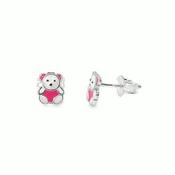 Sterling Silver Pink &amp; White Enamel Kids Teddy Bear Earrings