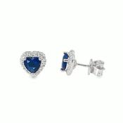 Sterling Silver CZ Dark Blue Heart Earrings With CZ Halo