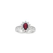 Sterling Silver Oval Natural Garnet Ring with CZ Halo and Shoulders