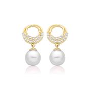 9ct Yellow Gold CZ and Polished Open Circle Earrings with Synthetic Pearl Drop image