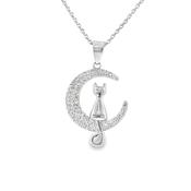 Sterling Silver Cat on CZ Moon Pendant image