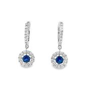 Sterling Silver Blue &amp; CZ Round Halo Huggie Drop Earrings image