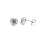 Sterling Silver Purple &amp; CZ Heart Halo Earrings image
