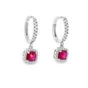 Sterling Silver Red CZ Square Halo Huggie Drop Earrings image