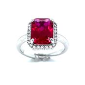 STERLING SILVER CUBIC ZIRCONIA AND RED STONE EMERALD CUT HALO EXPANDER RING image