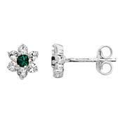 Sterling Silver CZ Flower Stud Earrings With Green CZ Centre image
