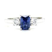 9CT White Gold Emerald Cut 3 Stone Cubic Zirconia and Blue Stone Dress Ring image