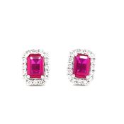 9CT White Gold Emerald Cut Halo Cubic Zirconia and Red Stone Stud Earring image
