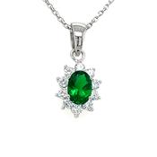 Sterling Silver Cubic Zirconia and Green Stone Oval Cluster Pendant image
