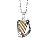 Sterling Silver and Gold Plated Celtic Harp Pendant