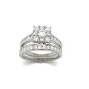 Sterling Silver Ring Set Cubic Zirconia Cluster with Cubic Zirconia Shoulders + Matching Cubic Zirco