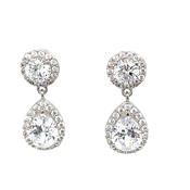 Sterling Silver Round and Pear CZ Cluster Drop Earrings image
