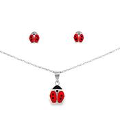 Sterling Silver Red Enamel Ladybird Pendant and Earring Set