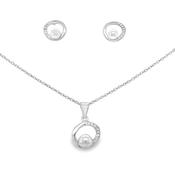Sterling Silver Polished and CZ Open Circle Pearl Earring and Pendant Set