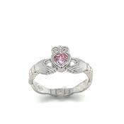 Sterling Silver Rubover Pink October Claddagh Ring image