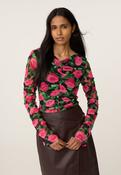 Pink Rose Print Ruched Mesh Top image