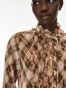 Pink Check Ruffle Tie Neck Blouse
