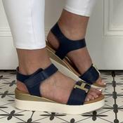 Oh My Sandals Low Leather Wedge 5672-NAVY