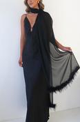 Chelle Chiffon Wrap Shawl With Feather Trim | Black