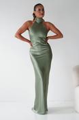 Isla Halterneck Maxi Slip Dress | Olive image