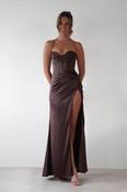 Julianne High Slit Corset Satin Gown | Brown image