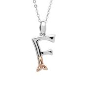 Silver celtic initial F pendant with rose gold plated trinity knot detail on 18" chain image