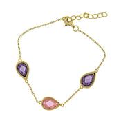 Gold Plated Silver 3 Stone Purple and Pink Bracelet