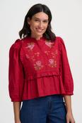 Wilhelmina Frill Blouse in Scarlet Red with Hummingbird Motif