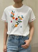 White T Shirt with Floral Embroidery Cuff Detail image
