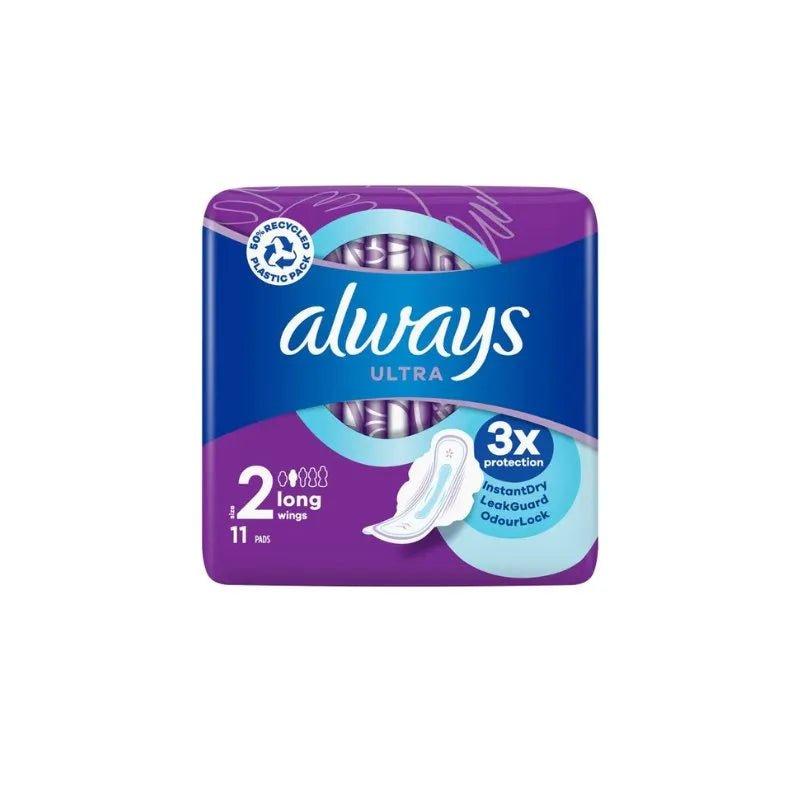 Always Ultra Size 2 Long Sanitary Pads with Wings 11 Pack - 3x protection, InstantDry, LeakGuard, OdourLock