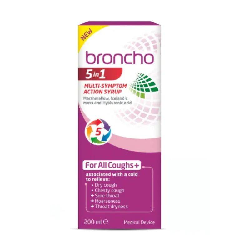 Bronchostop 5 in 1 Multi Symptom Action Syrup 200ml - Relieves Dry, Chesty Cough, Sore Throat, Hoarseness & Throat Dryness