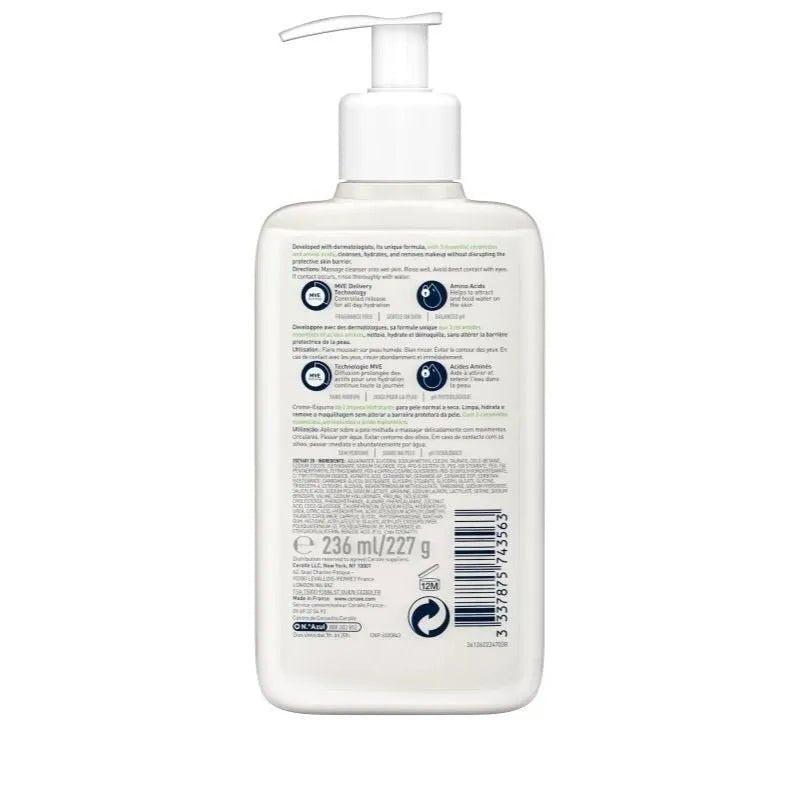CeraVe Cream-to-Foam Cleanser for Normal to Dry Skin - Removes Makeup, Hydrating, With Ceramides, Hyaluronic Acid - 236ml