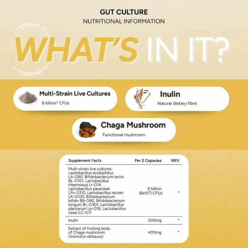 FabU Gut Culture 60 Capsules - Multi-strain Bacteria, Inulin & Chaga Mushrooms - 8 Billion Live Cultures