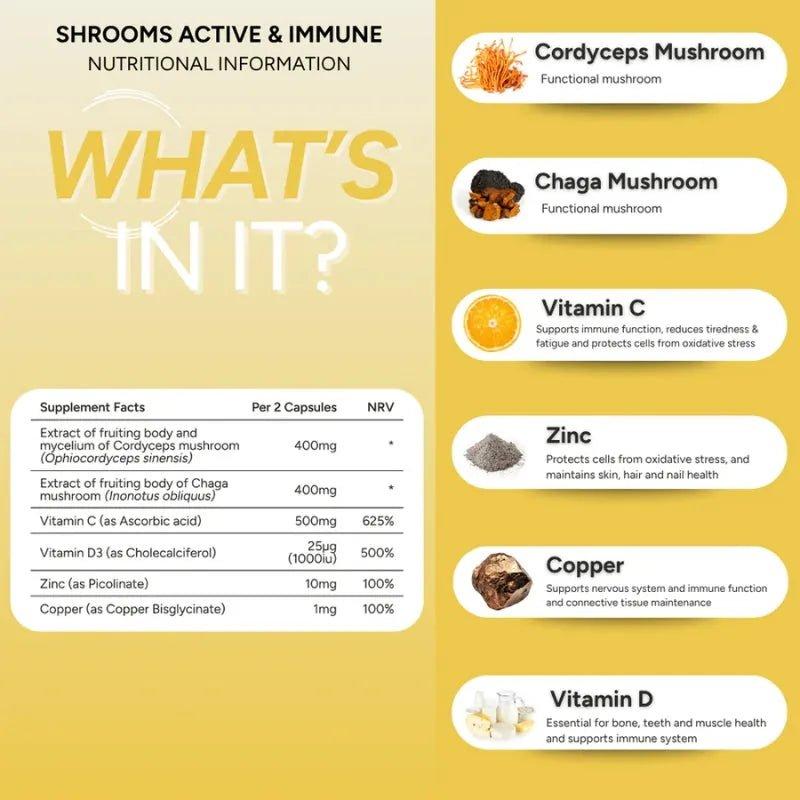 Shrooms Immune 60 Capsules - Vitamins & Minerals with Cordyceps & Chaga Mushrooms - Immune Support