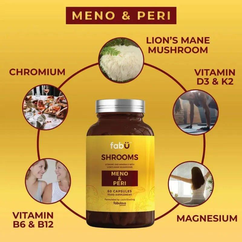 fabü SHROOMS Meno & Peri Capsules - 60 Capsules, Vitamins & Minerals with Lion's Mane Mushroom for Menopause & Perimenopause Support