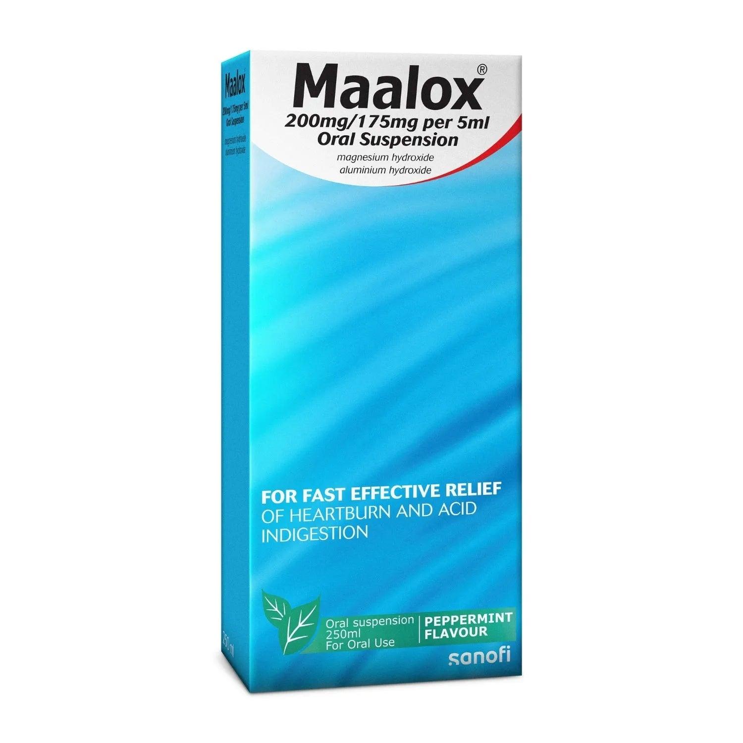 Maalox Oral Suspension Peppermint Flavour 250ml for Heartburn and Indigestion Relief