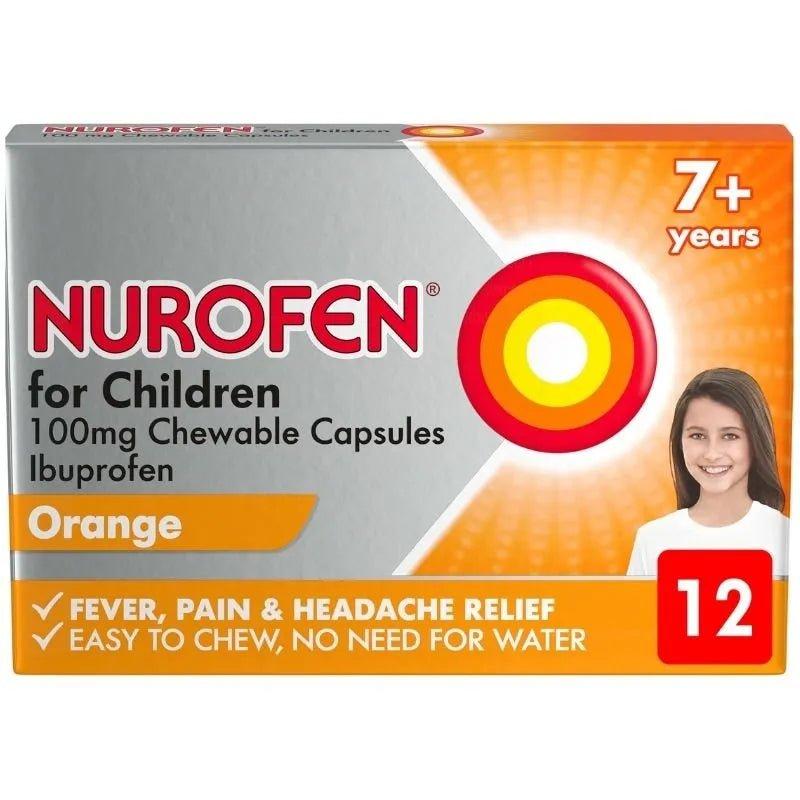Nurofen Children 100mg Chewable Capsules Orange 7+ Years Ibuprofen 12 Pack Fever, Pain, Headache Relief Easy to Chew