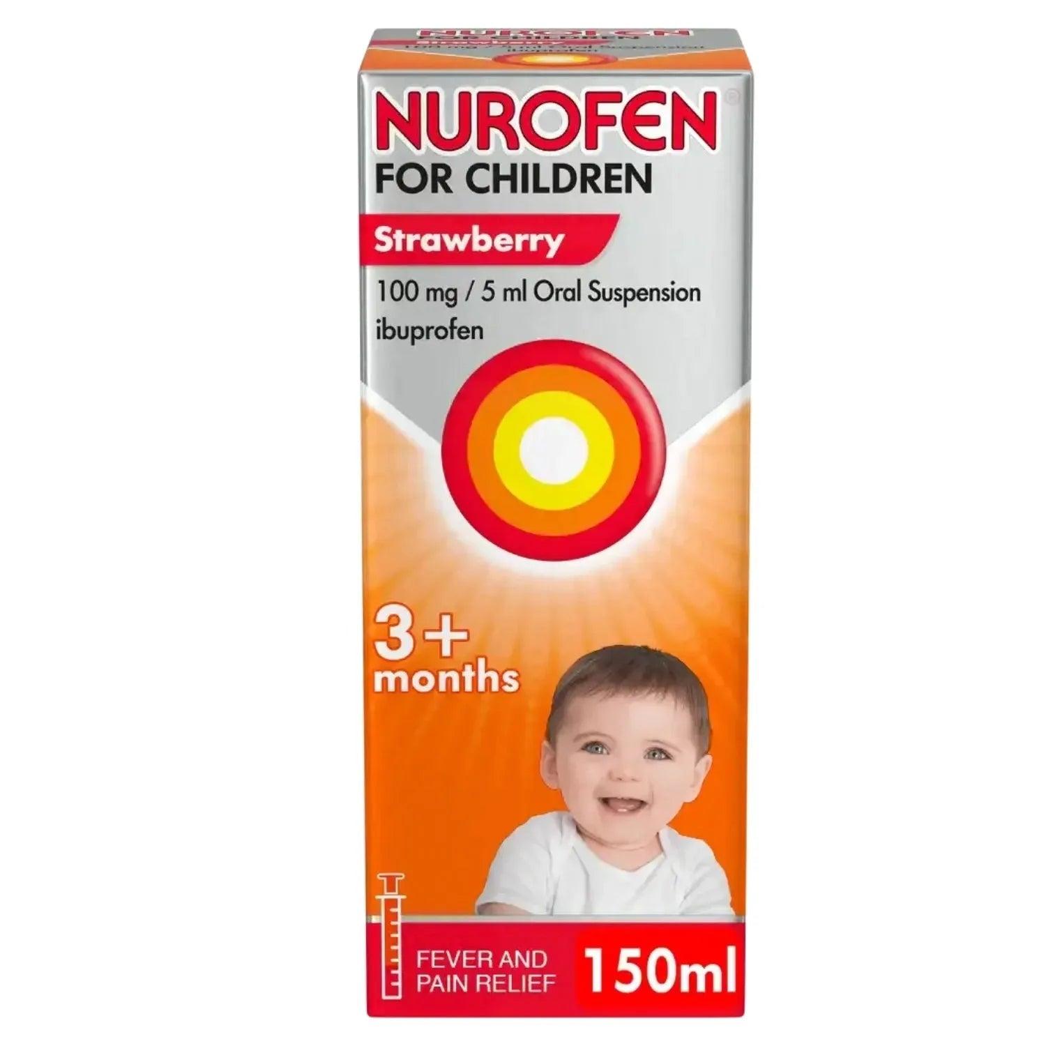 Nurofen for Children Strawberry Oral Suspension 100mg/5ml 150ml - Fever and Pain Relief, with dosing syringe, 3+ months