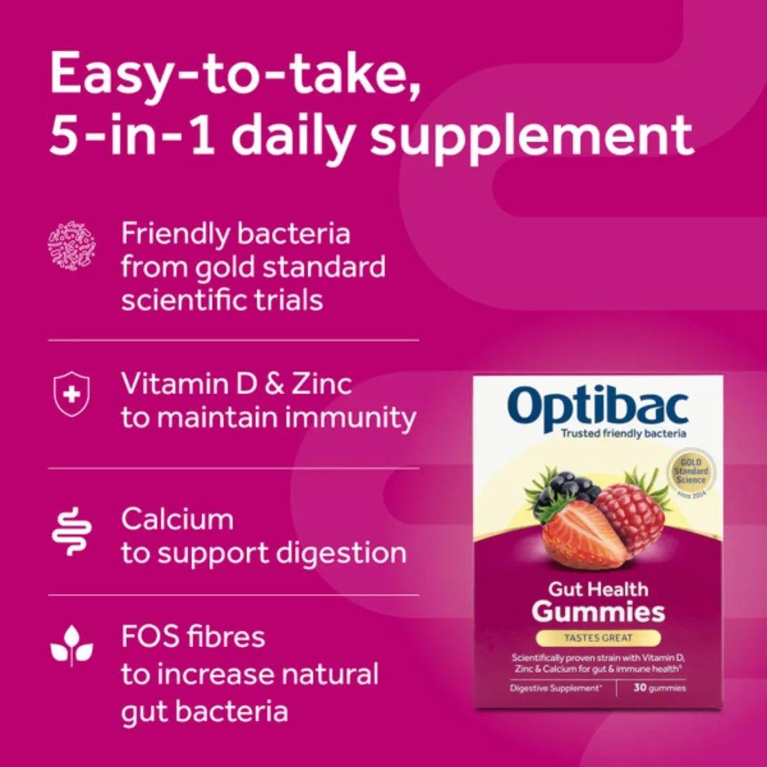 OptiBac Adult Gummies 30 Pack - Mixed Berry Flavor for Gut & Immune Health with Vitamin D, Zinc, Calcium & FOS fibers