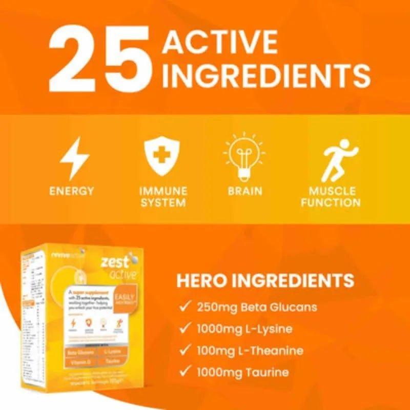 Revive Active Zest Active Super Supplement 7 Pack with 25 Active Ingredients for Energy, Immune System, Brain & Muscle Function. Ingredients: Wellmune, L-Lysine, L-Theanine, Taurine. Image Features: Easily Absorbed, Orange Flavoured