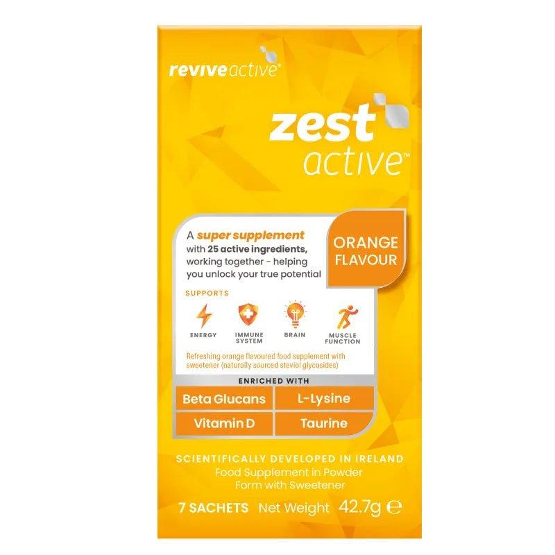 Revive Active Zest Active Super Supplement 7 Pack with 25 Active Ingredients for Energy, Immune System, Brain & Muscle Function. Ingredients: Wellmune, L-Lysine, L-Theanine, Taurine. Image Features: Easily Absorbed, Orange Flavoured