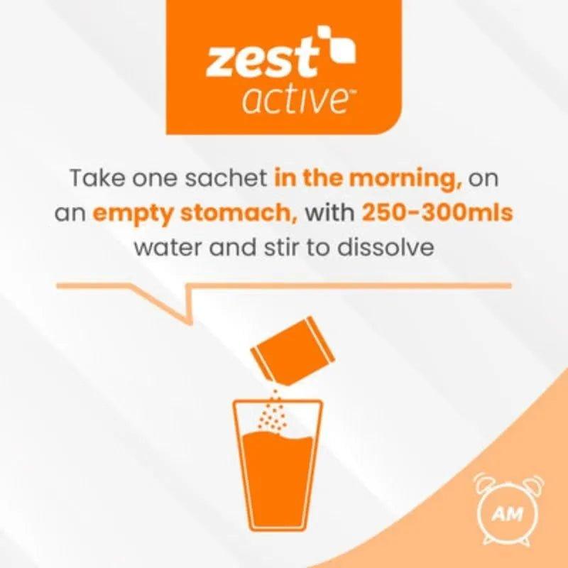 Revive Active Zest Active Super Supplement 7 Pack with 25 Active Ingredients for Energy, Immune System, Brain & Muscle Function. Ingredients: Wellmune, L-Lysine, L-Theanine, Taurine. Image Features: Easily Absorbed, Orange Flavoured