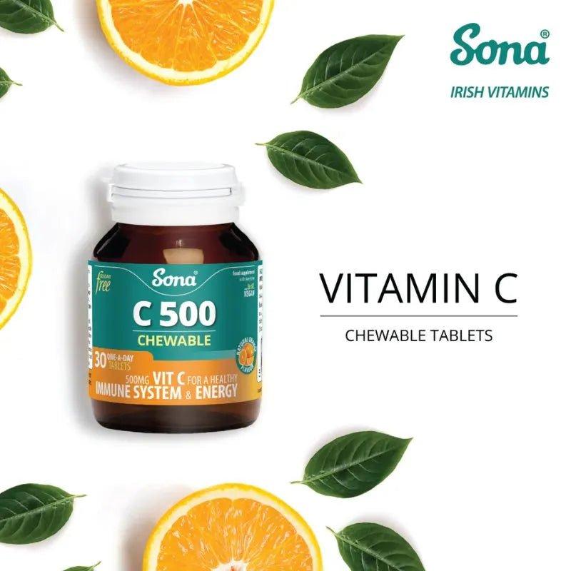 Sona C 500 Chewable Tablets 30 Pack - Orange Flavor - Immune System Health & Reduction of Tiredness & Fatigue
