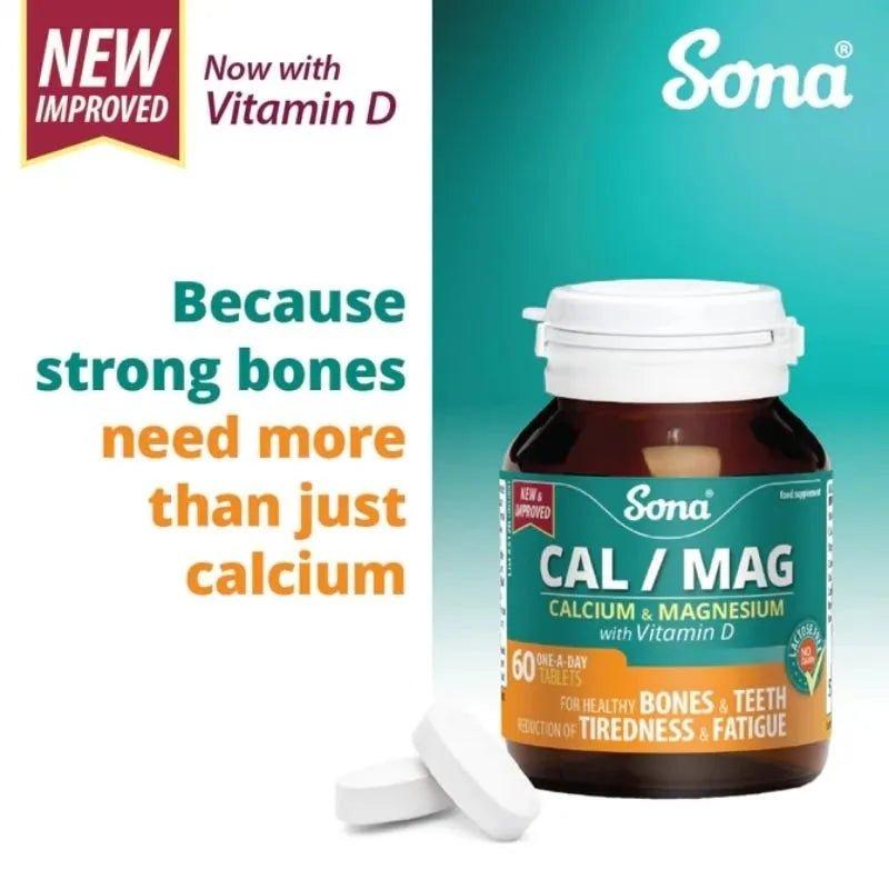 Sona Cal/Mag Tablets - 60 Pack - Calcium, Magnesium & Vitamin D - For Bones & Teeth, Tiredness & Fatigue - Vegan, No Dairy
