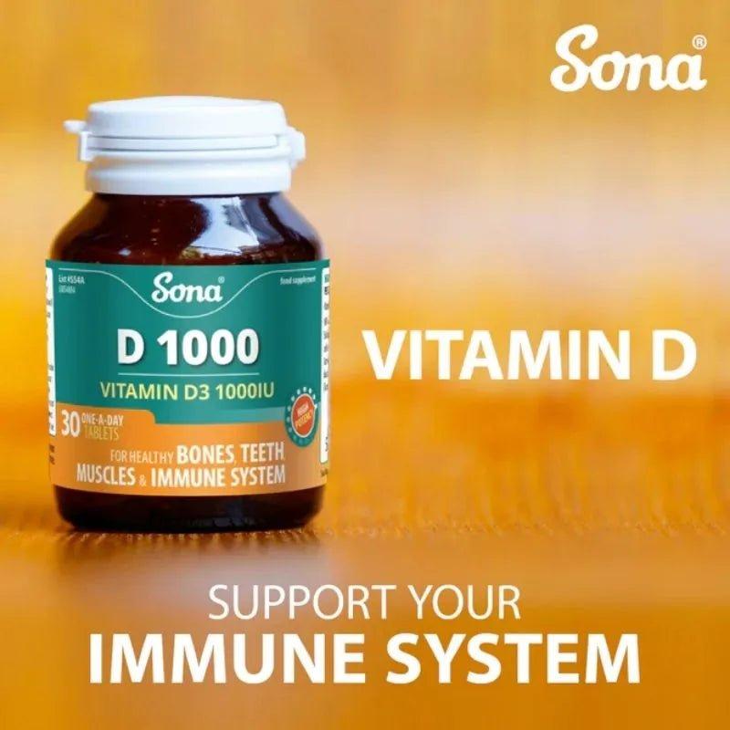 Sona D1000 Vitamin D3 1000IU 30 Tablets - Vegan, Sunshine Vitamin, Bones, Teeth, Muscles, Immune System, One-A-Day