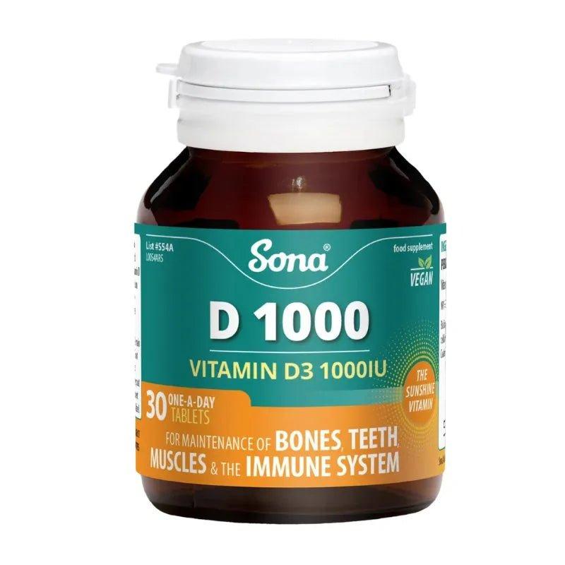 Sona D1000 Vitamin D3 1000IU 30 Tablets - Vegan, Sunshine Vitamin, Bones, Teeth, Muscles, Immune System, One-A-Day