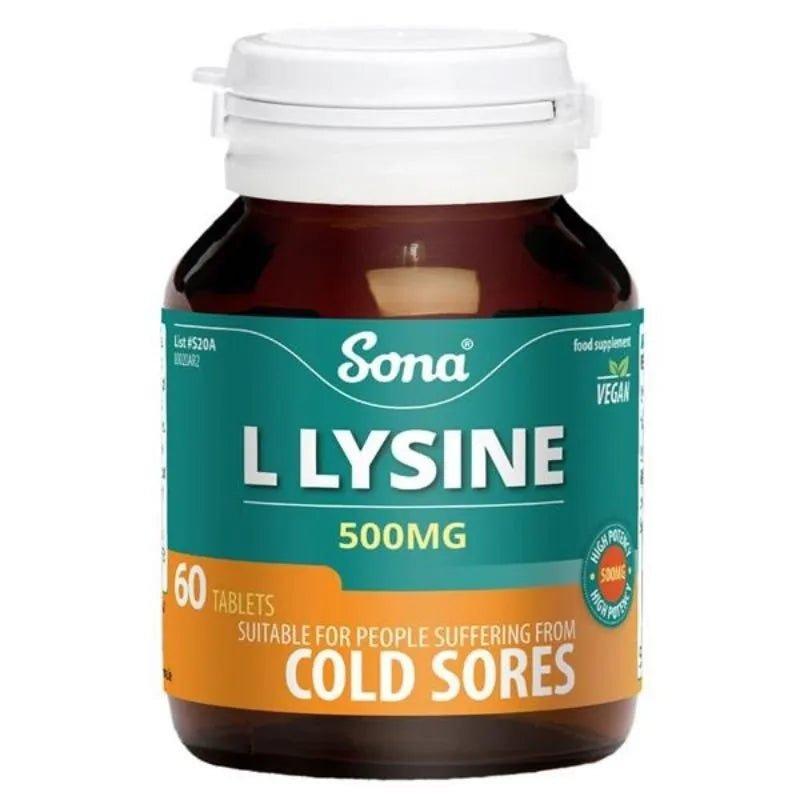 Sona L Lysine 500mg 60 Tablets - Helps fight cold sores & mouth ulcers - VEGAN