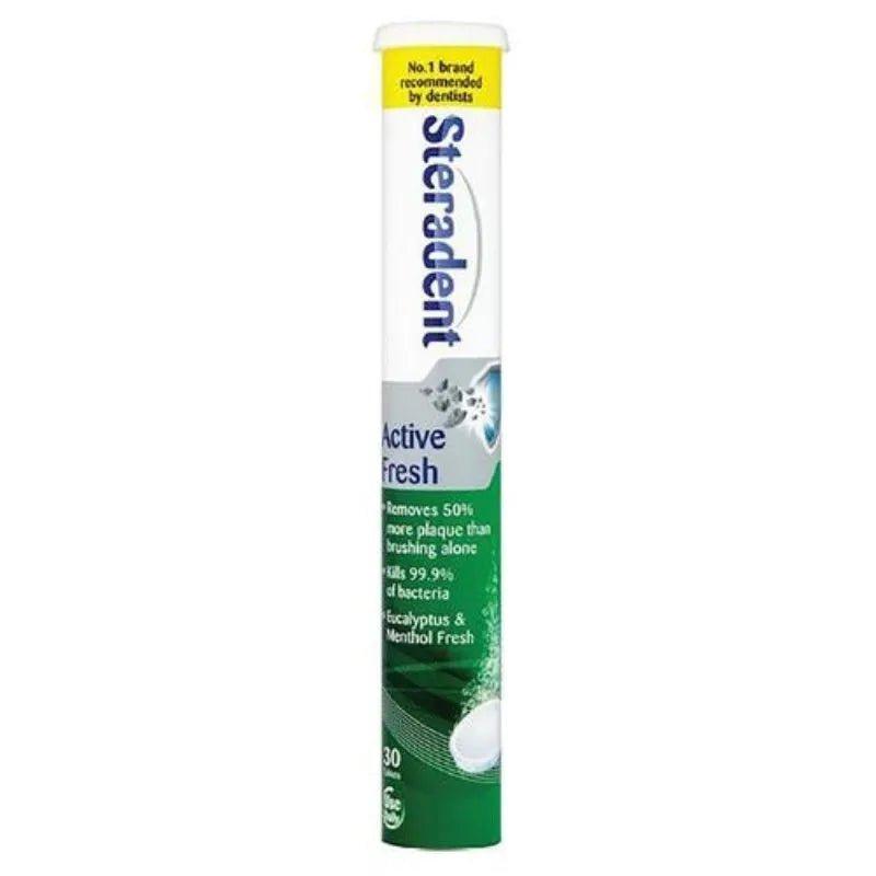 Steradent Active Fresh Denture Cleanser Tablets - Removes Plaque, Kills Bacteria, Eucalyptus & Menthol Fresh, 30 Tablets